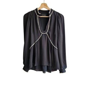 100% Silk Intermix Black Blouse W/ White Trim, Business Casual Office, Size 6